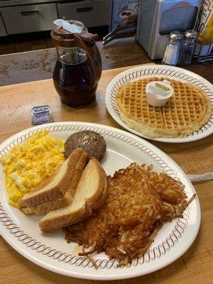 All-Star Special Regular ! Hash browns , toast , eggs scrambled with cheese , regular waffle , and sausage!