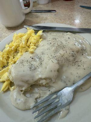 Biscuits and gravy with scrambled eggs