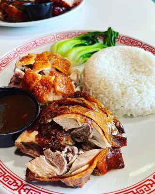 Roast duck and roast pork rice with vegetables