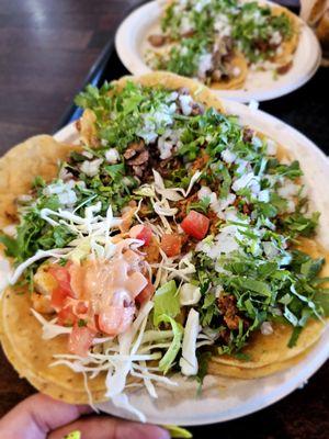 Shrimp, al pastor, buche, chicharron, and asada