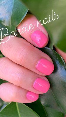 Have fun with CND's Plexigel and Shellac.
Strong flexible gel nails with a beautiful Shellac shade.
Pink Barbie nails!