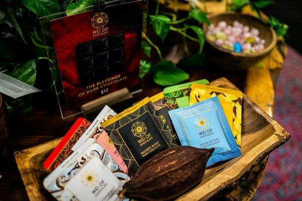 Delicious organic dark chocolate in exotic flavors! Black Sesame, Coconut, Himalayan Pink Salt dark chocolate, to name a few!