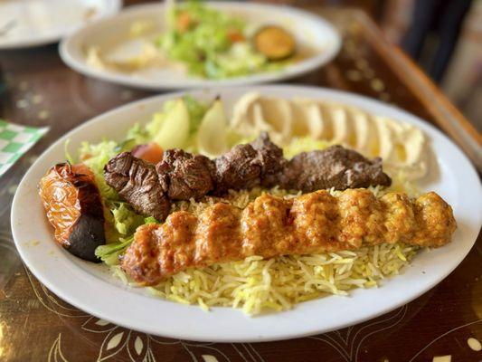 Chicken and beef kabob plate. Beef was amazing. Rice is also very good. Hummus so rich and creamy. All of it was delicious.