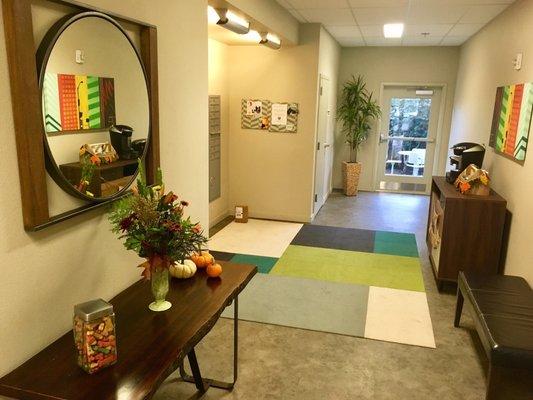 Beaumont Village mail room/ coffee stop & door to the outside patio/ dog run.