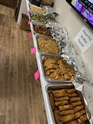 Orange chicken, beef & broccoli, vegetable lo mein, fried rice, egg rolls, and crab Rangoon.