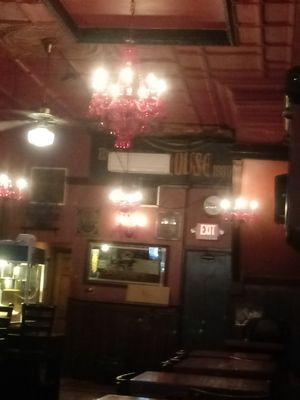 Love the ceiling and red chandelier