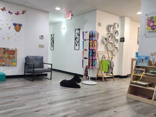 Lobby with chimmi the resident scotty dog. Great books for kids in lobby.