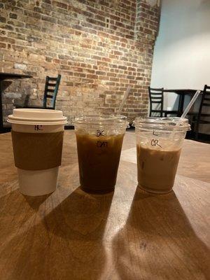 3 drinks- hot chocolate, the "Bee's Knees" latte, caramel latte