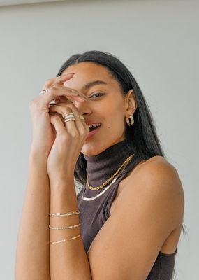 Ready to wear 14K gold earrings, necklaces, rings and bracelets