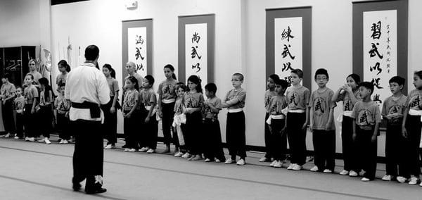 Students line up for testing.