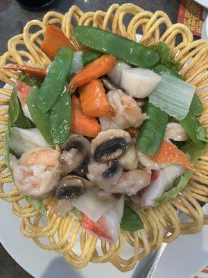 Seafood Flower Basket (combination of scallops, shrimp, lobster, crabmeat, fresh vegetables)
