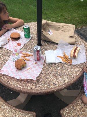 Burgers n fries n a dog . Good sear on the burger, don't burn my bun please..I will return again and again for more!