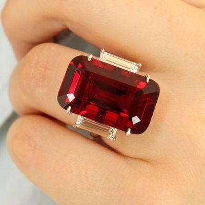 Emerald cut spinel and diamond engagement ring