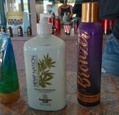 Australian Gold Hemp Nation Sea Salt & Sandalwood Moisturizing Tan Extender 18 oz & A violet bronzing mist.