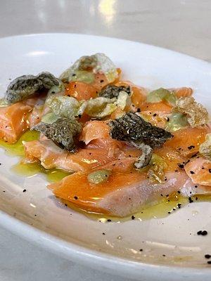 Ora King Salmon Crudo - "chicharrón," sorrel, chive