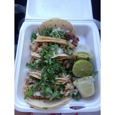 Absolutely delicious! Chicken and Barbacoa tacos.