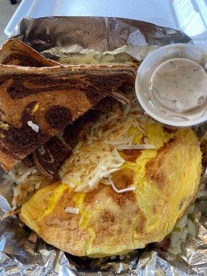 Farmers Omelette marble rye Toast. Side Gravy