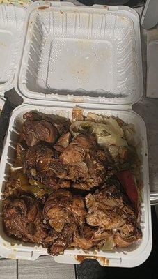 Large Brown stew chicken with rice &peas with cabbage