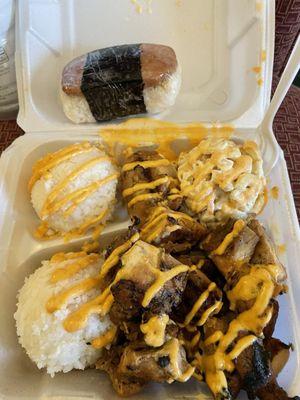 Huli Huli chicken, rice, macaroni salad and a Spam musubi. Super delicious with the spicy mayo on top!