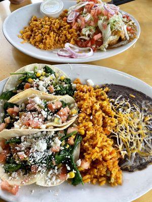 Vegetarian tacos and chicken burrito