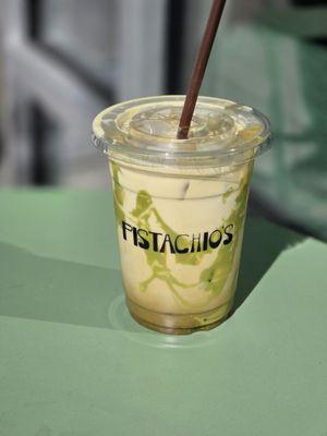 Pistachio latte, half sweet. Hello