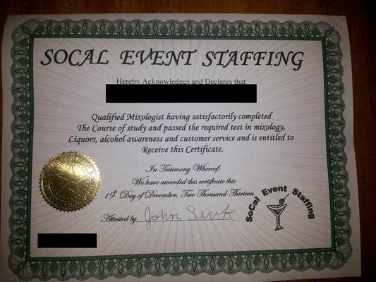 This is the certificate they give after the 9-hr bartending crash-course