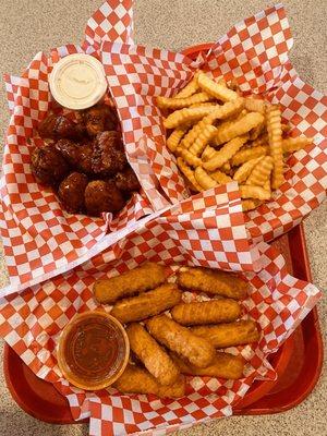 Wings, mozzarella sticks, fries