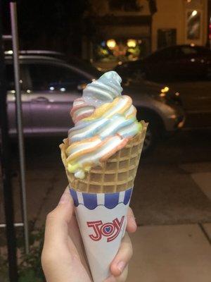 Rainbow Cone on a Medium Waffle. Price: $4! They have these things called Flavor Burst, its Vanilla Based and comes with 8 flavors.