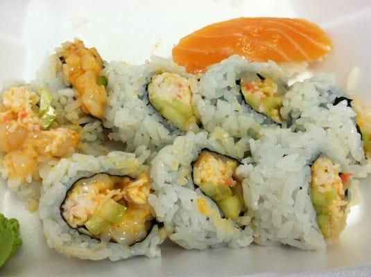 Supposed to be a spicy scallop roll...mostly fake crab inside :( Fail