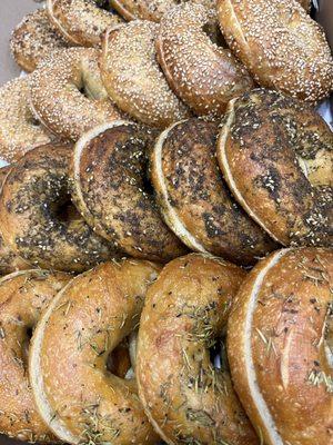 Catering order of specialty all-natural sourdough bagels: za'atar, rosemary, and sesame