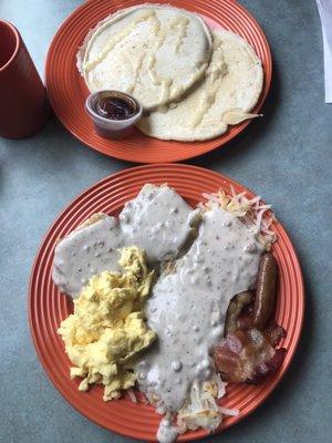 Cinnamon roll pancakes and "The Cure" (half order of biscuits and gravy with hashbrowns and gravy, 1 bacon, 1 sausage, 2 eggs scrambled)