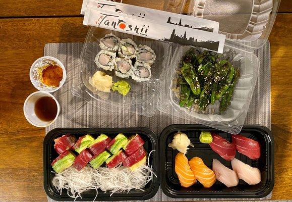 Hamachi, Sake and Hon Maguro Nigiri Spicy Tuna Special Roll Negi Hamachi Makimono Shishito Peppers