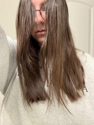 This was after I cut off chunks of random hair. This was supposed to be a layered cut with waterfall bangs. No layers (thank god), no bangs