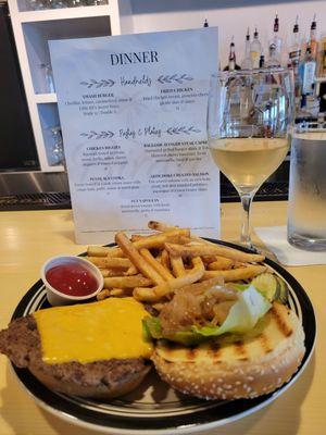 Smash Burger, Carmelized Onions, Fries House Pinot Grigio