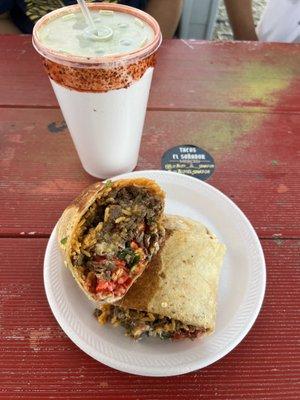 hot cheetos burrito supreme and cucumber lemonade with chamoy rim dip