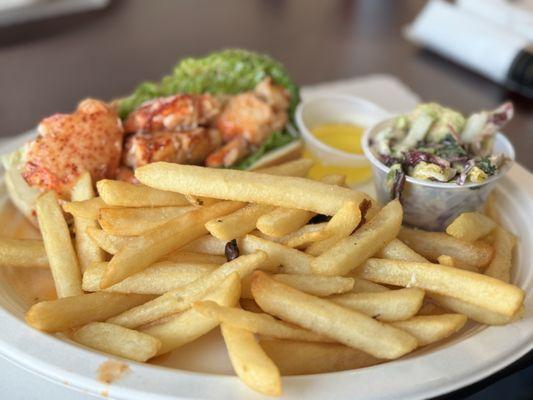 Hot lobster roll. It comes with coleslaw and fries.