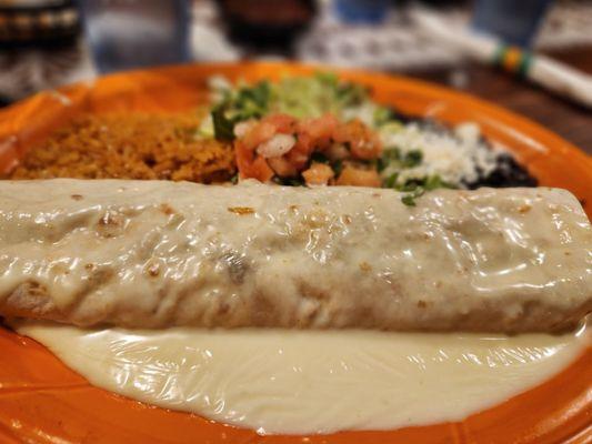 Burrito with veggies, cheese, rice, pico, and guac.