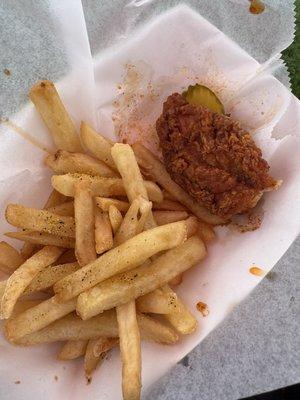 Single tender, add fries and add pickles