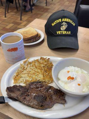 Poached eggs and steak