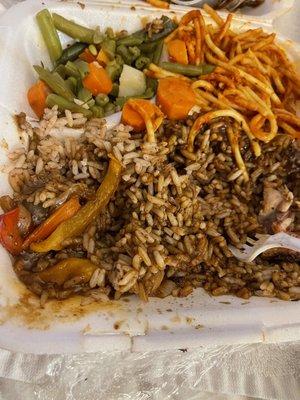 Green beans, spaghetti, catfish with rice and beans