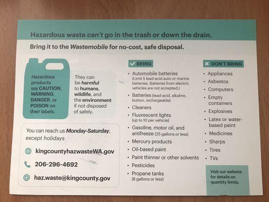 List of Accepted Hazardous Waste Items for Wastemobile