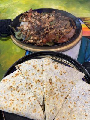 Chicken fajita and steak quesadilla.