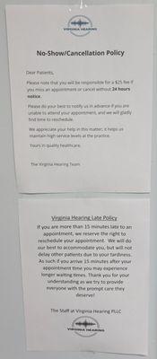 This is the info of their policies on the wall inside. Photo taken July 8, 2025.