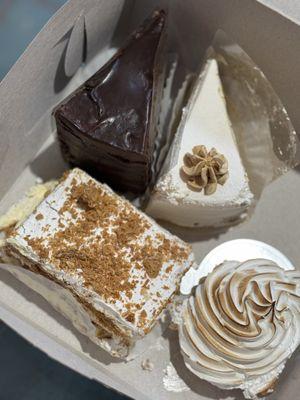 German Chocolate Cake, Mil Hojas, Lemon Meringue (squished in transit), Cuatro Leches