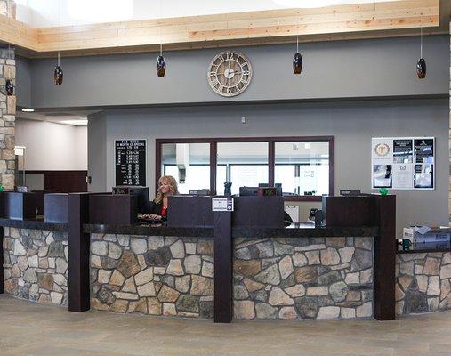 Reception area with friendly bank staff.