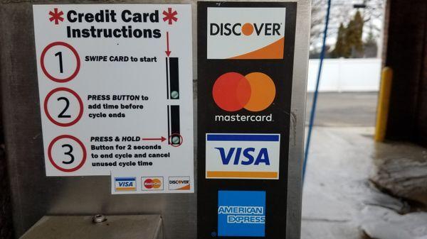 Credit Card acceptor instructions available in all wash bays.