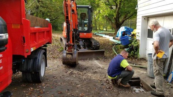 Kyle and Barry... sizing up problem drain... scoping it. Its bad. Time for a new catch basin and drain...