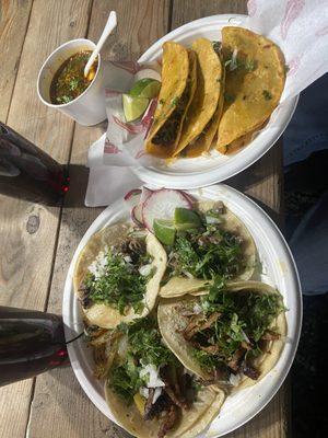 Al pastor, lengua, & cabeza tacos Quesabirria tacos & consomé