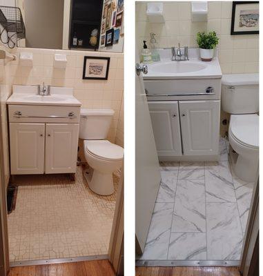 August 2022 The thick, padded sheet vinyl remnant was an easy DIY install and laid down well over top of the existing dated mosaic tile.