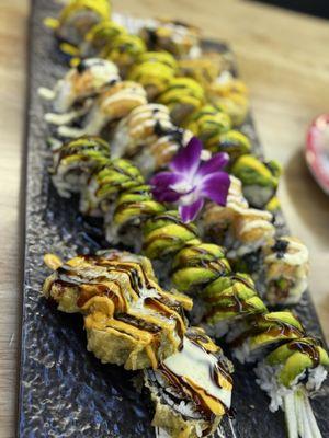 Yip Yip Roll Dragon Roll Godzilla Roll (Deep Fried) Black Pearl Roll*
